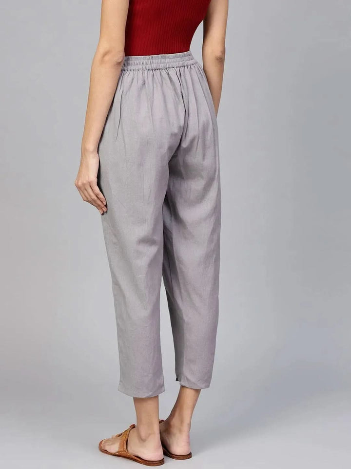 Grey Solid Cotton Trousers - Libas