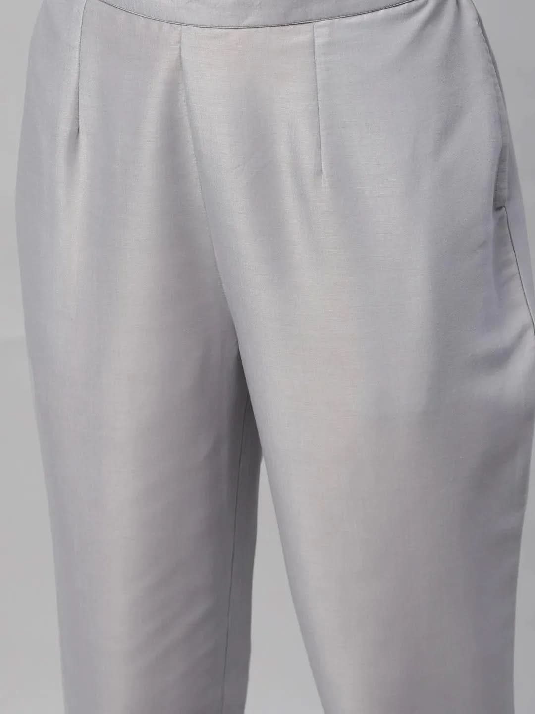 Grey Solid Crepe Trousers - Libas