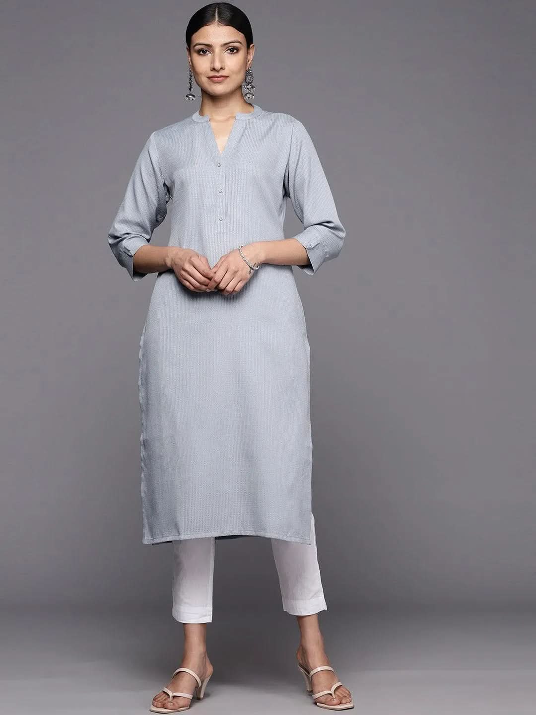 Grey Solid Rayon Straight Kurta - Libas