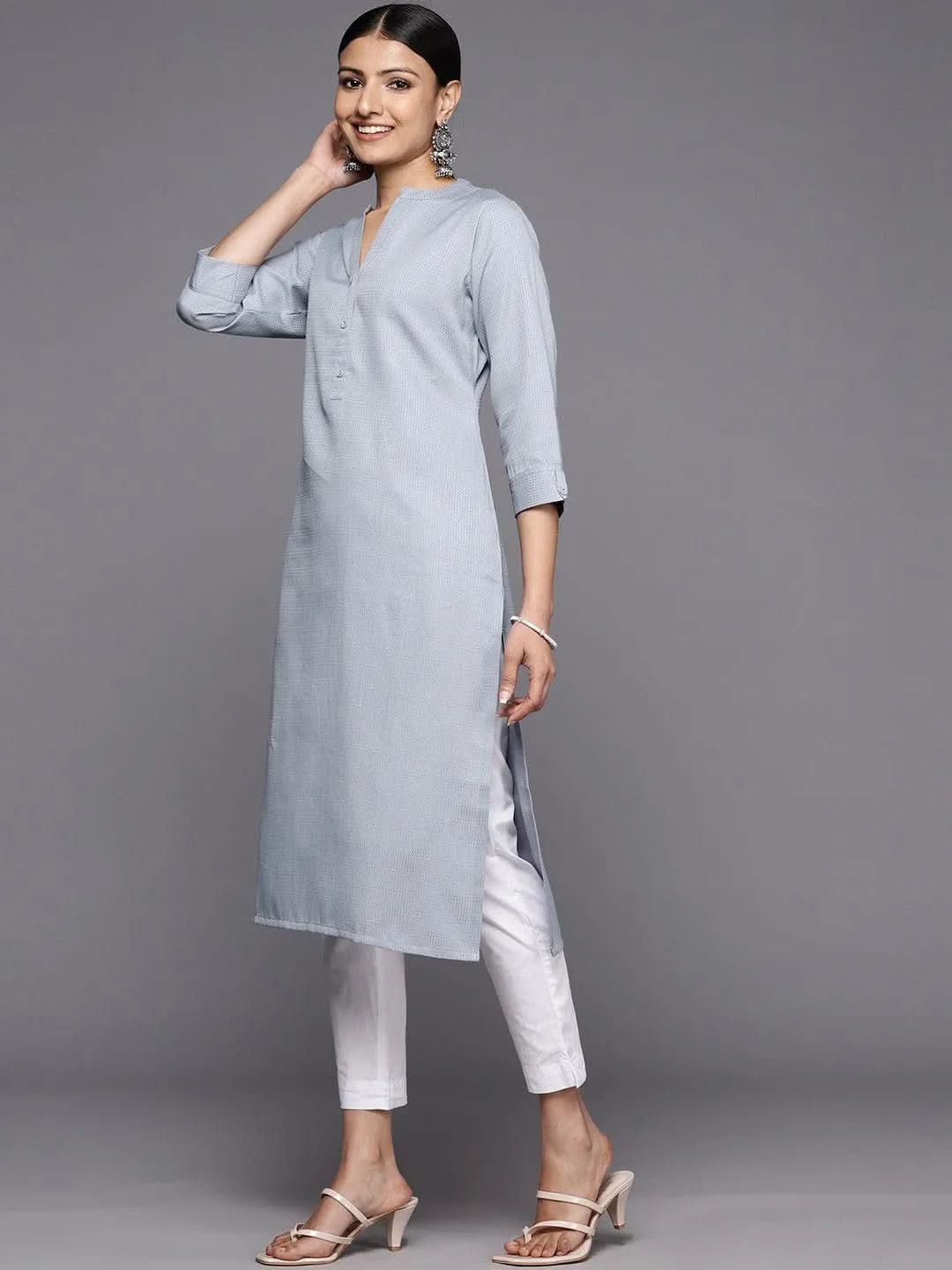 Grey Solid Rayon Straight Kurta - Libas
