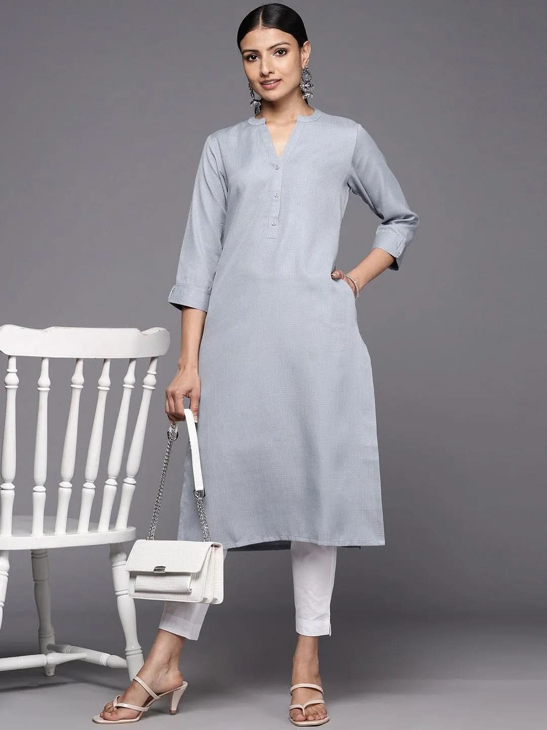 Grey Solid Rayon Straight Kurta - Libas