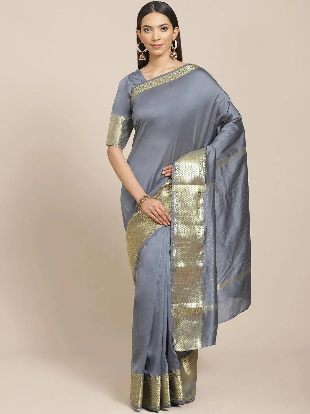 Grey Solid Silk Blend Saree - Libas