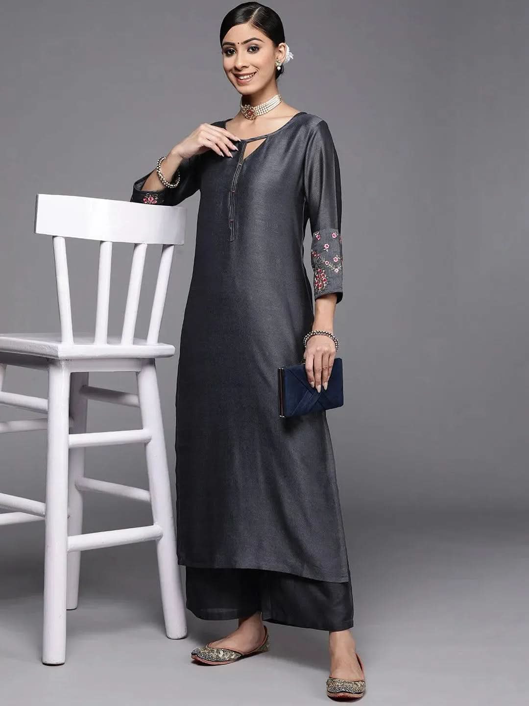Grey Solid Silk Kurta - Libas