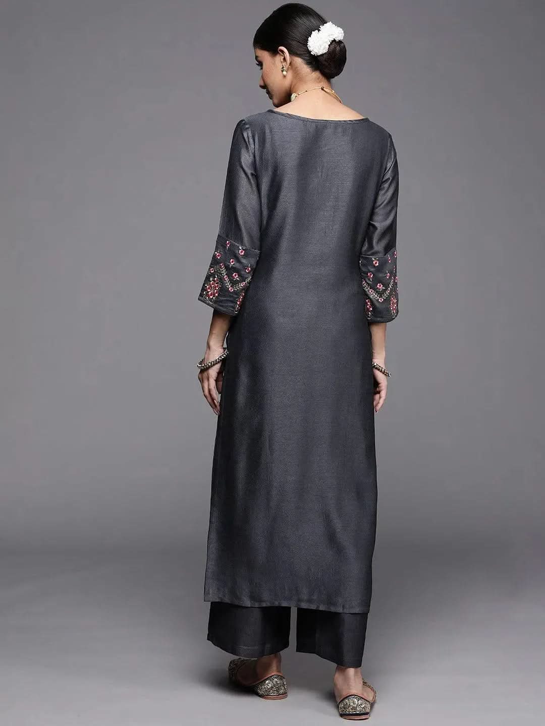 Grey Solid Silk Kurta - Libas