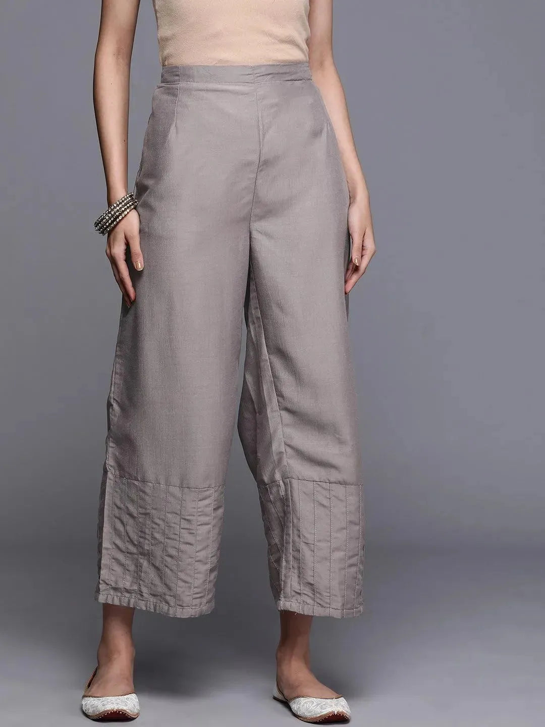 Grey Solid Silk Palazzos - Libas