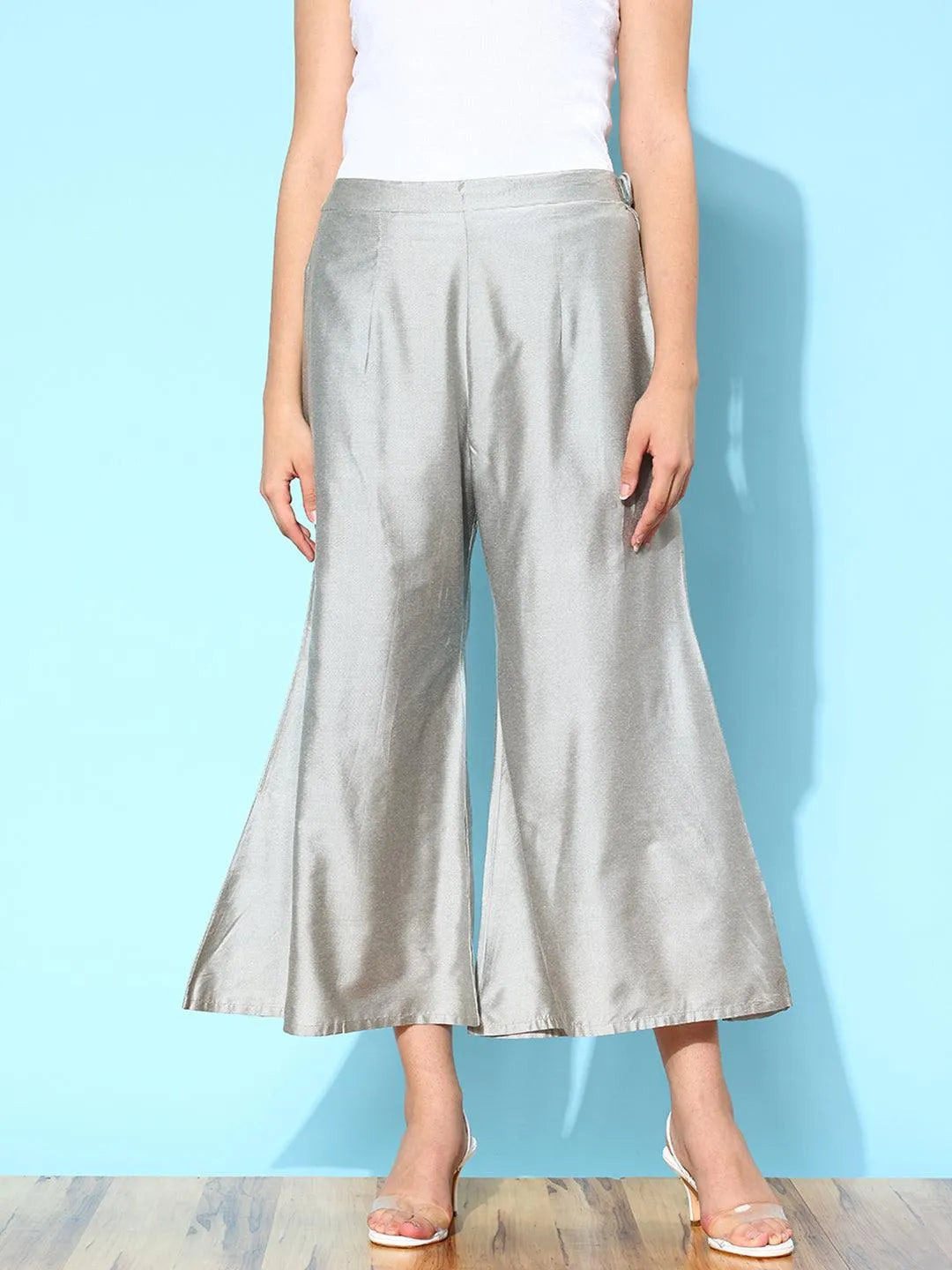 Grey Solid Silk Palazzos - Libas