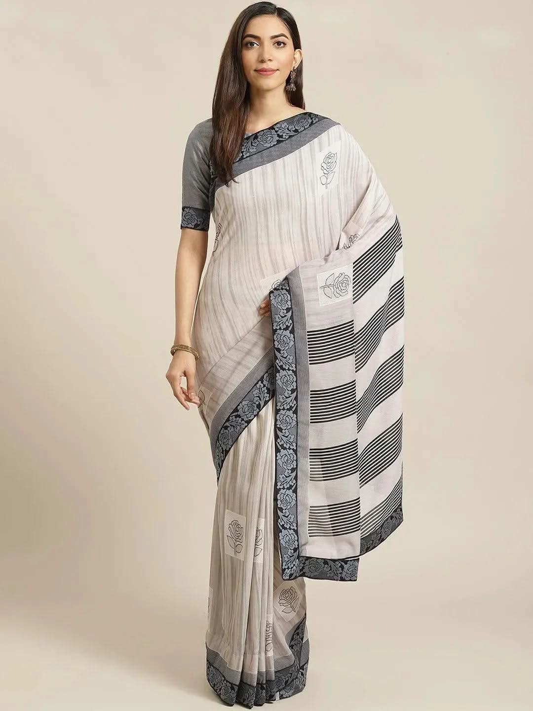 Grey Striped Chiffon Saree - Libas