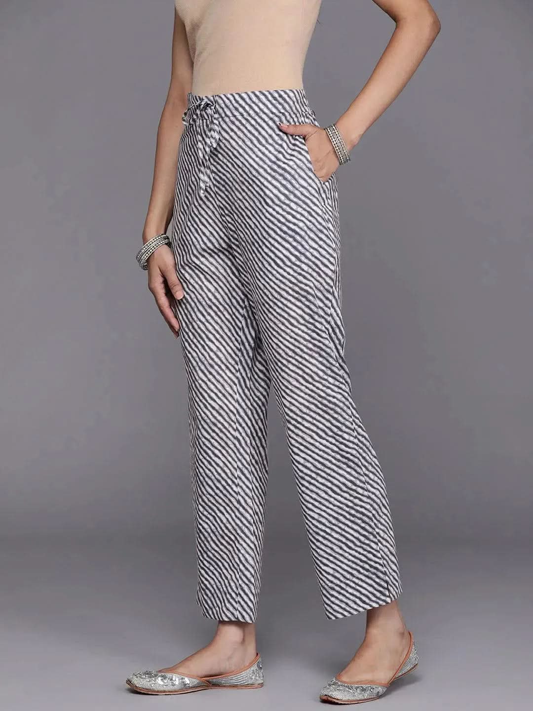 Grey Striped Cotton Trousers - Libas
