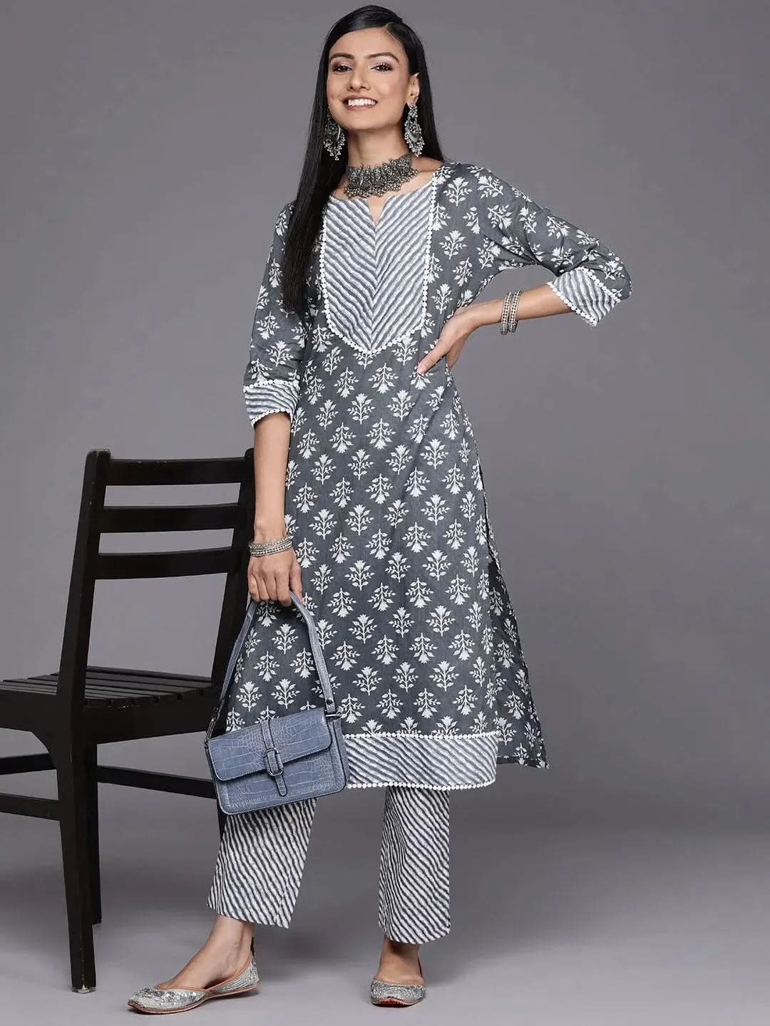 Grey Striped Cotton Trousers - Libas