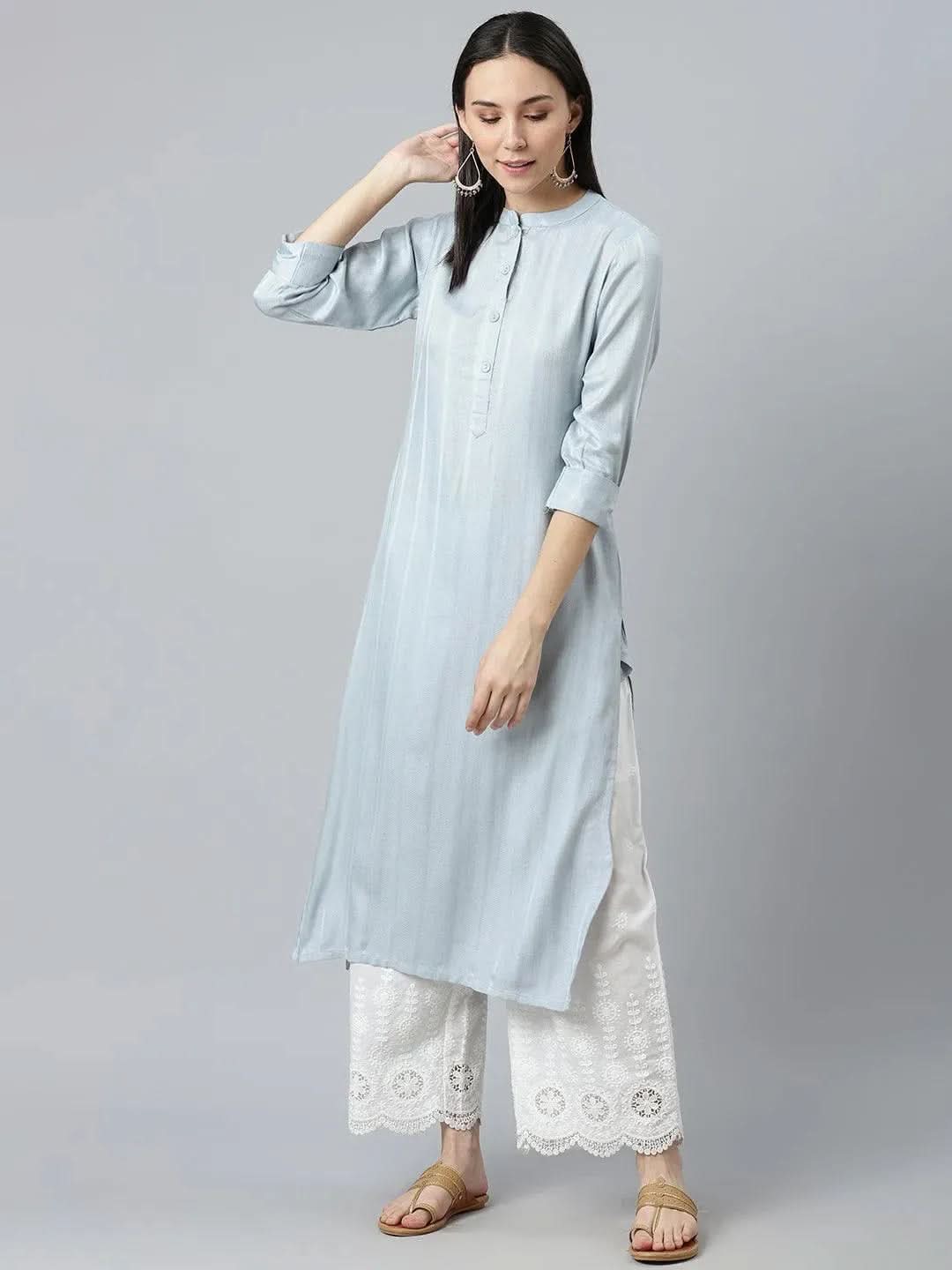 Grey Striped Rayon Kurta - Libas