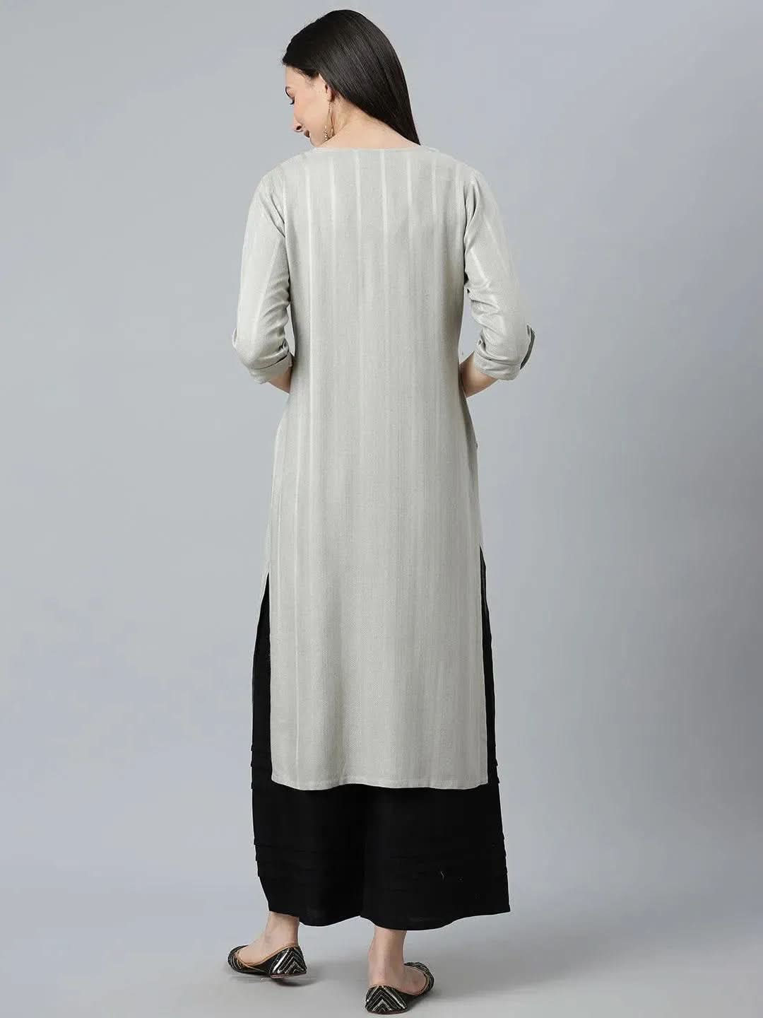 Grey Striped Rayon Kurta - Libas