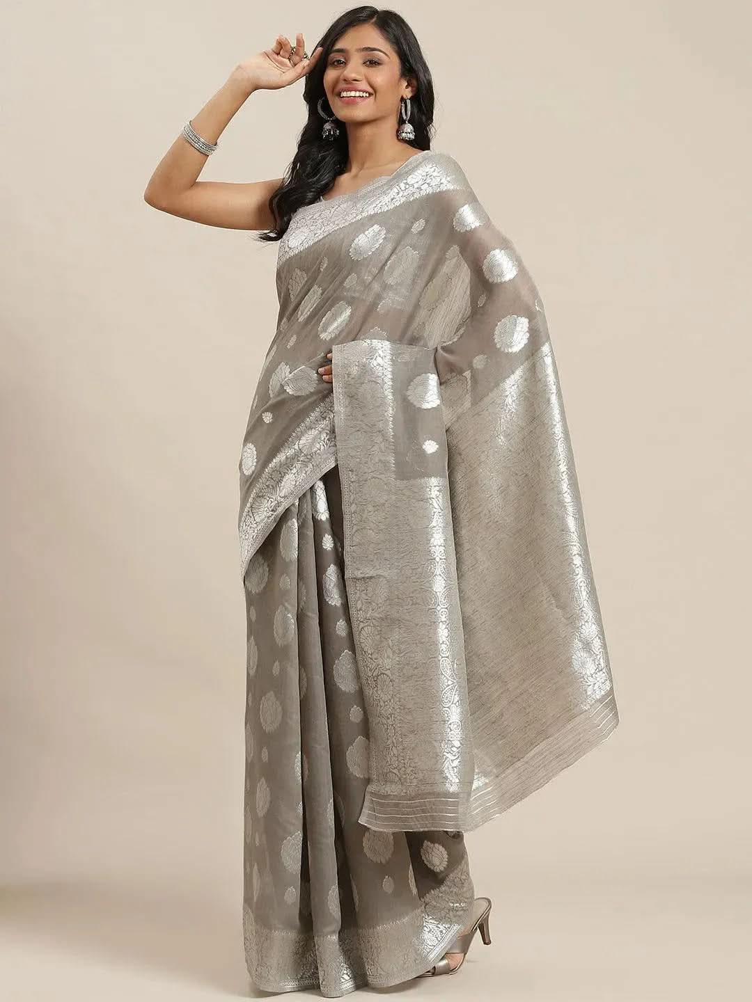 Grey Woven Design Brocade Saree - Libas