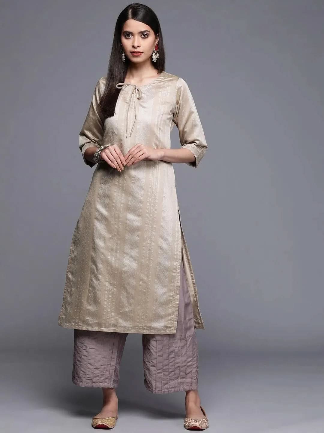 Grey Woven Design Chanderi Silk Kurta - Libas
