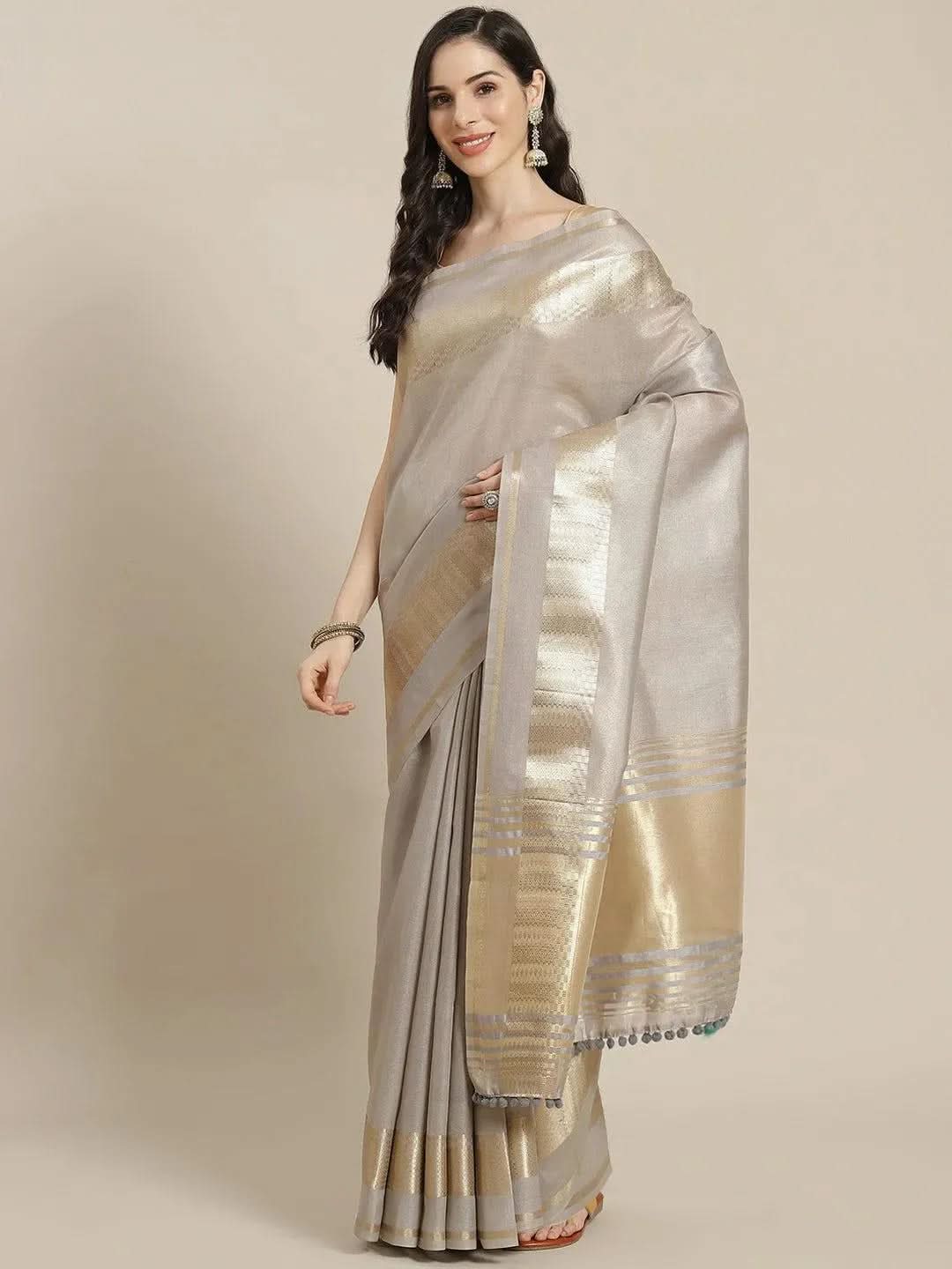 Grey Woven Design Silk Blend Saree - Libas