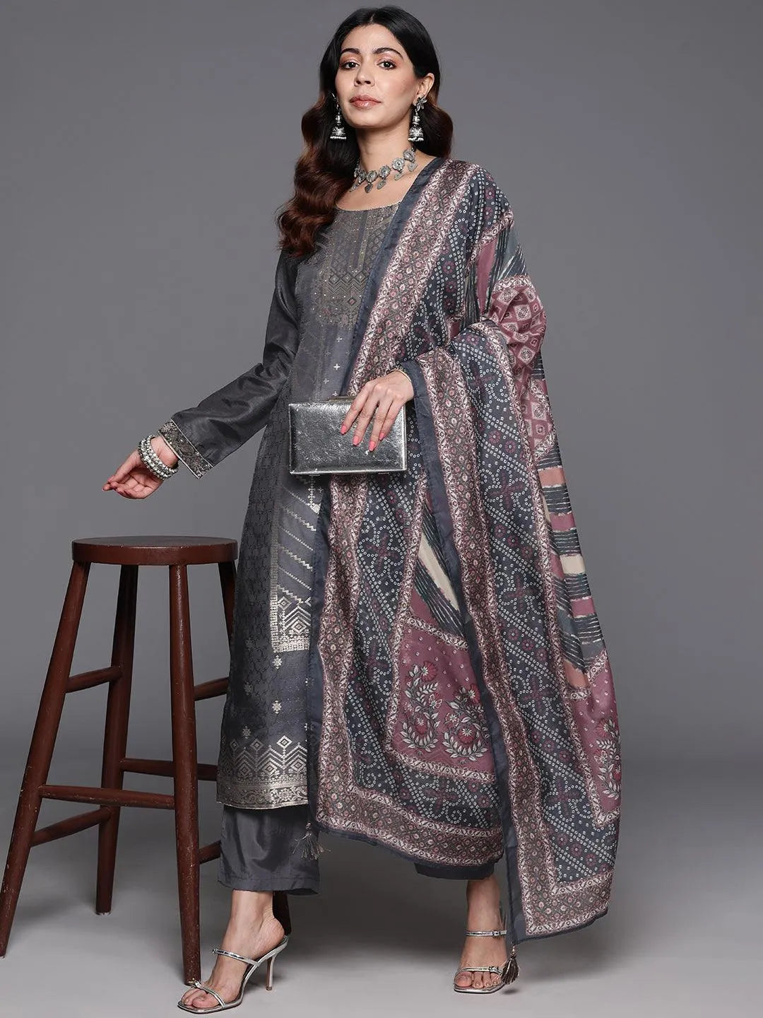 Grey Woven Design Silk Blend Straight Kurta With Trousers & Dupatta - Libas