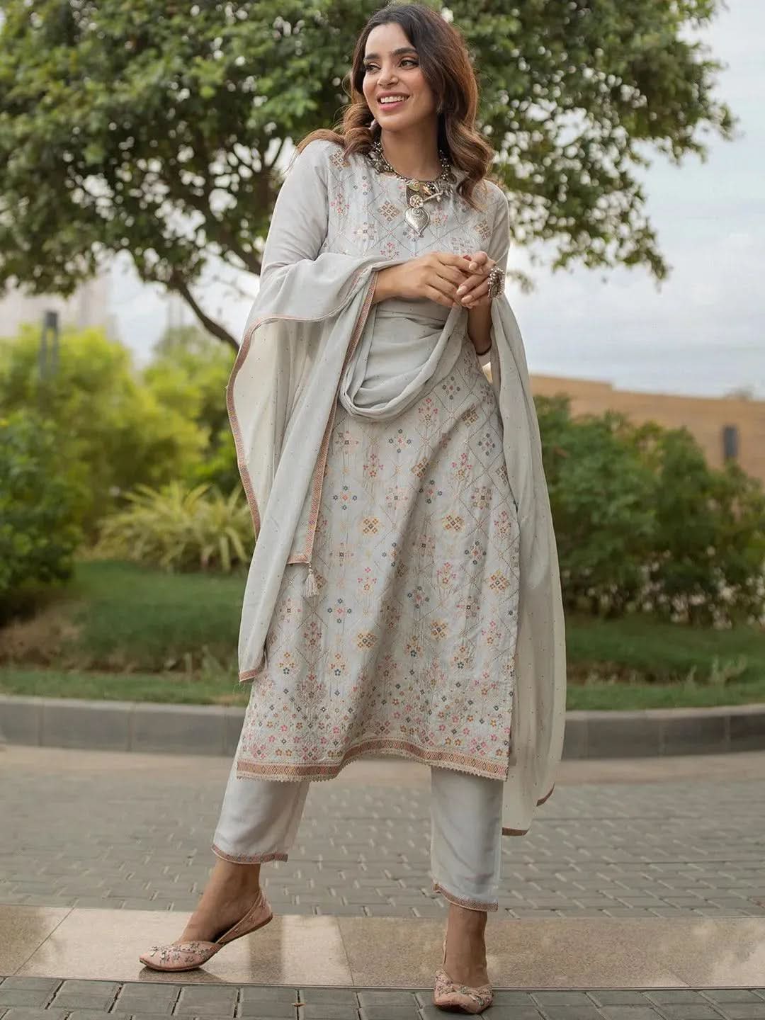 Grey Woven Design Silk Suit Set - Libas