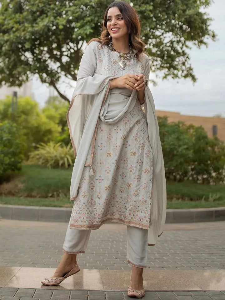 Grey Woven Design Silk Suit Set - Libas