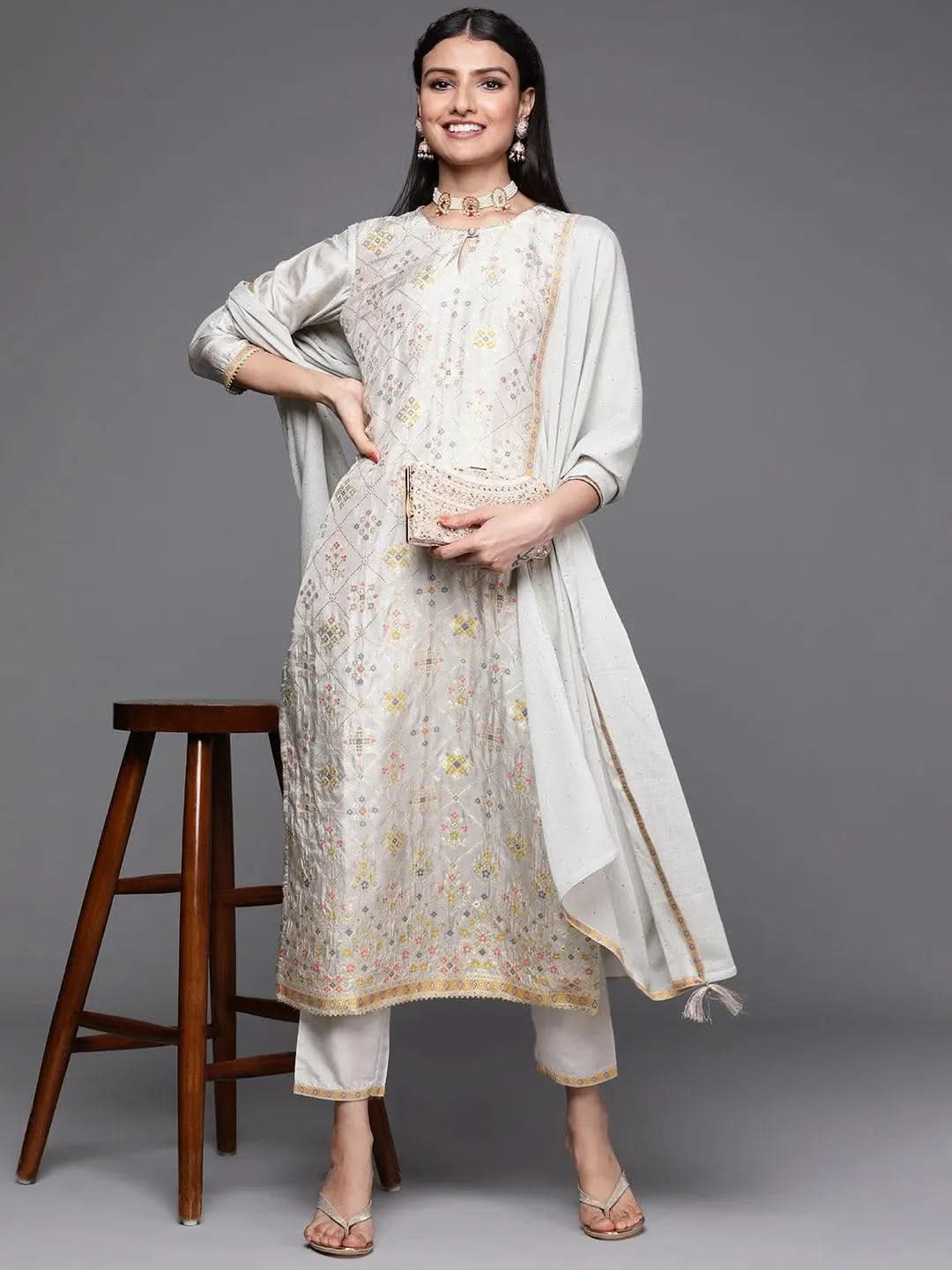 Grey Woven Design Silk Suit Set - Libas