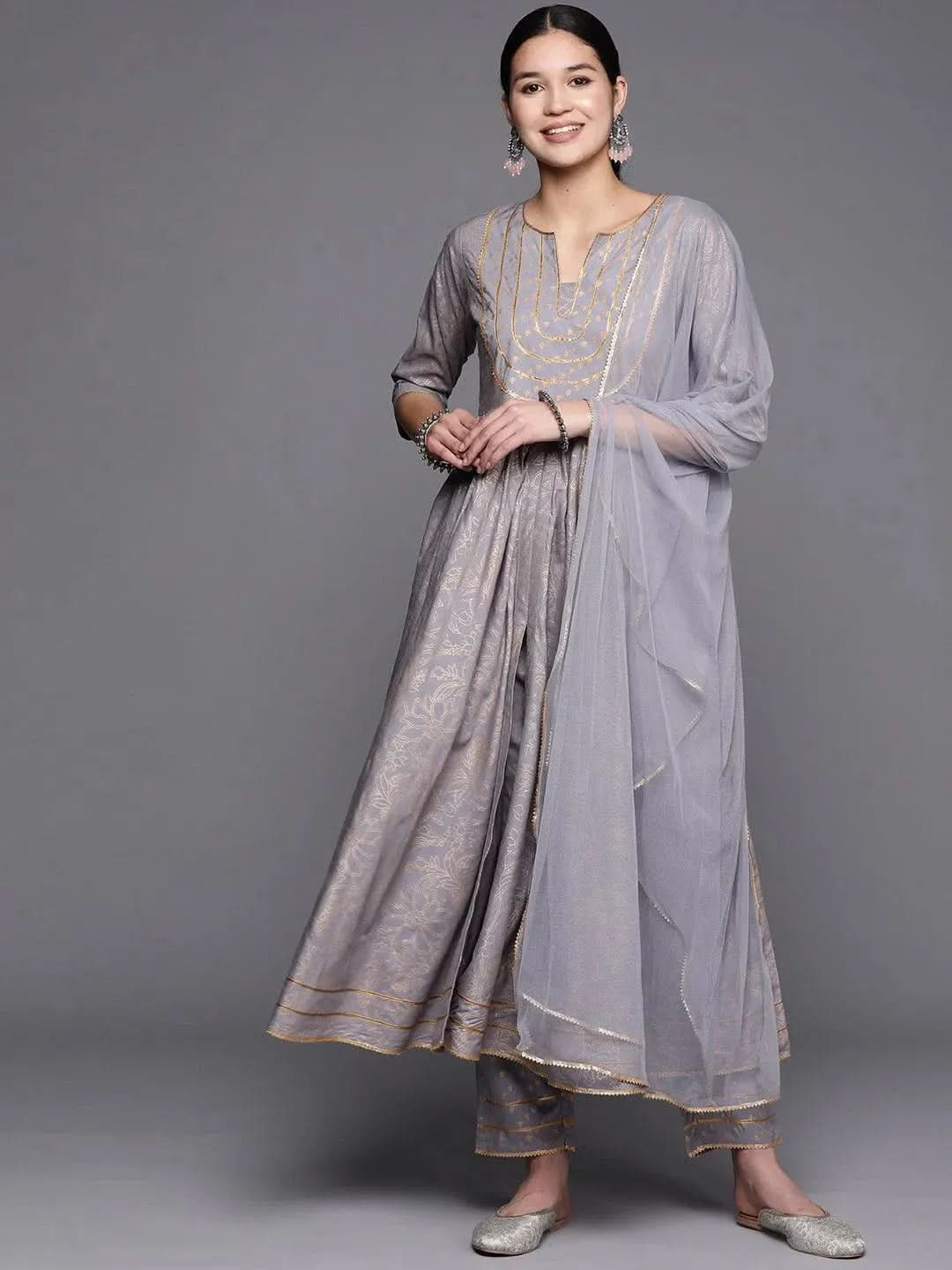 Grey Yoke Design Rayon Anarkali Suit Set With Trousers - Libas