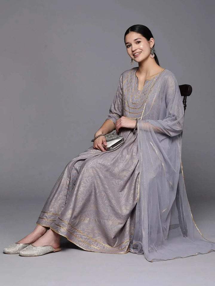 Grey Yoke Design Rayon Anarkali Suit Set With Trousers - Libas