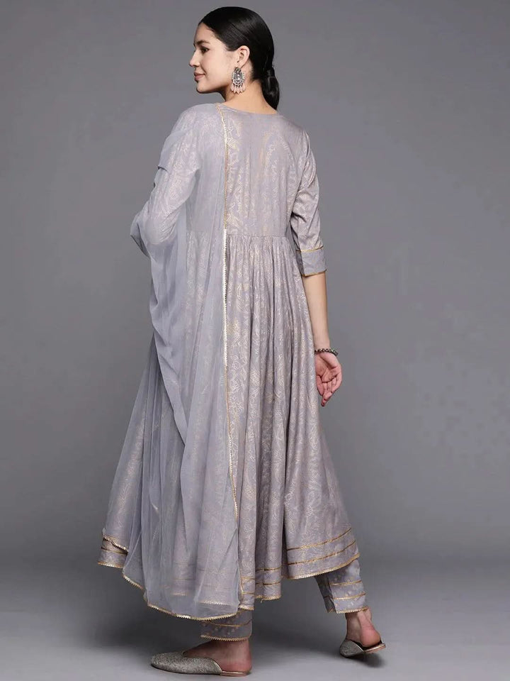 Grey Yoke Design Rayon Anarkali Suit Set With Trousers - Libas