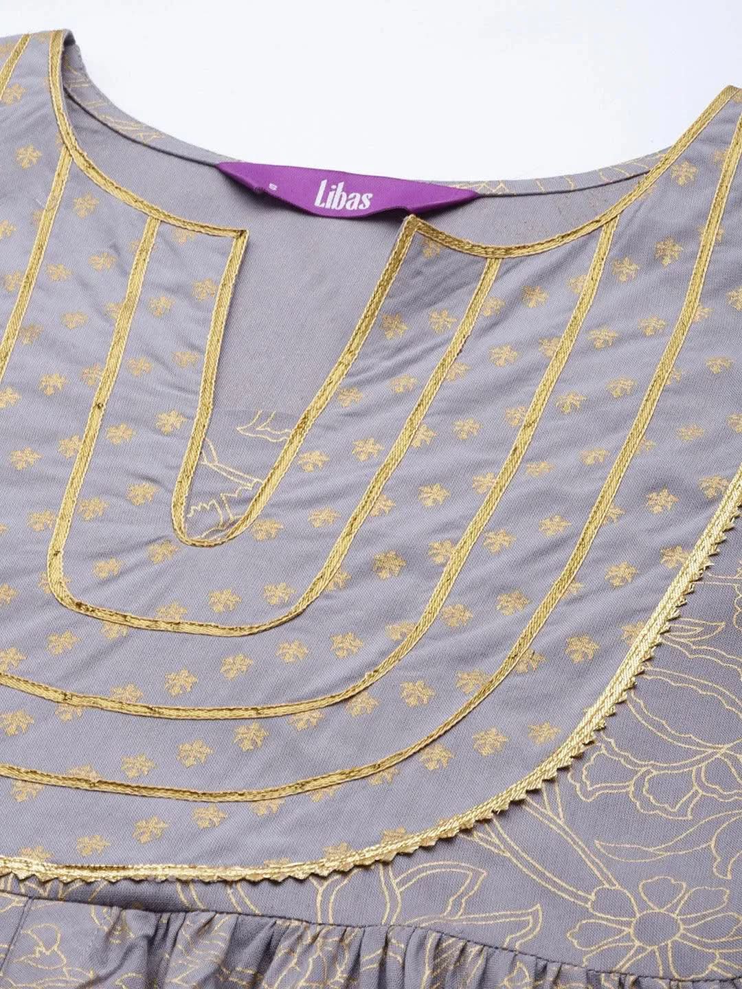 Grey Yoke Design Rayon Anarkali Suit Set With Trousers - Libas