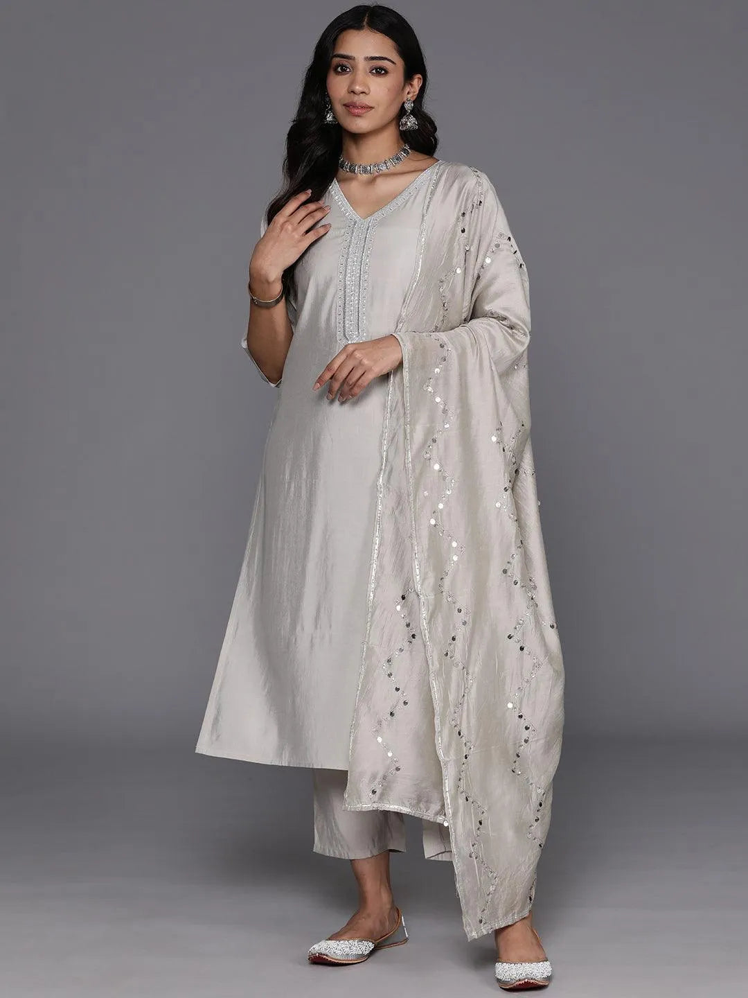 Grey Yoke Design Silk Blend Straight Kurta With Trousers & Dupatta - Libas