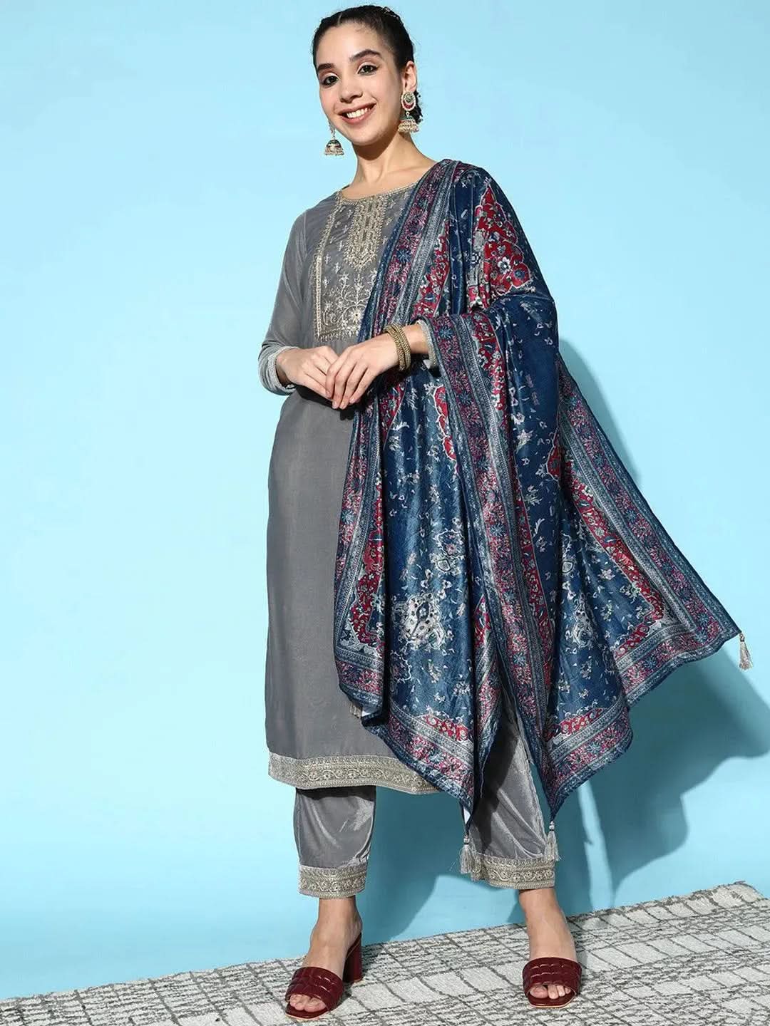 Grey Yoke Design Velvet Straight Kurta With Trousers & Dupatta
Grey Yoke Design Velvet Straight Kurta With Trousers & Dupatta