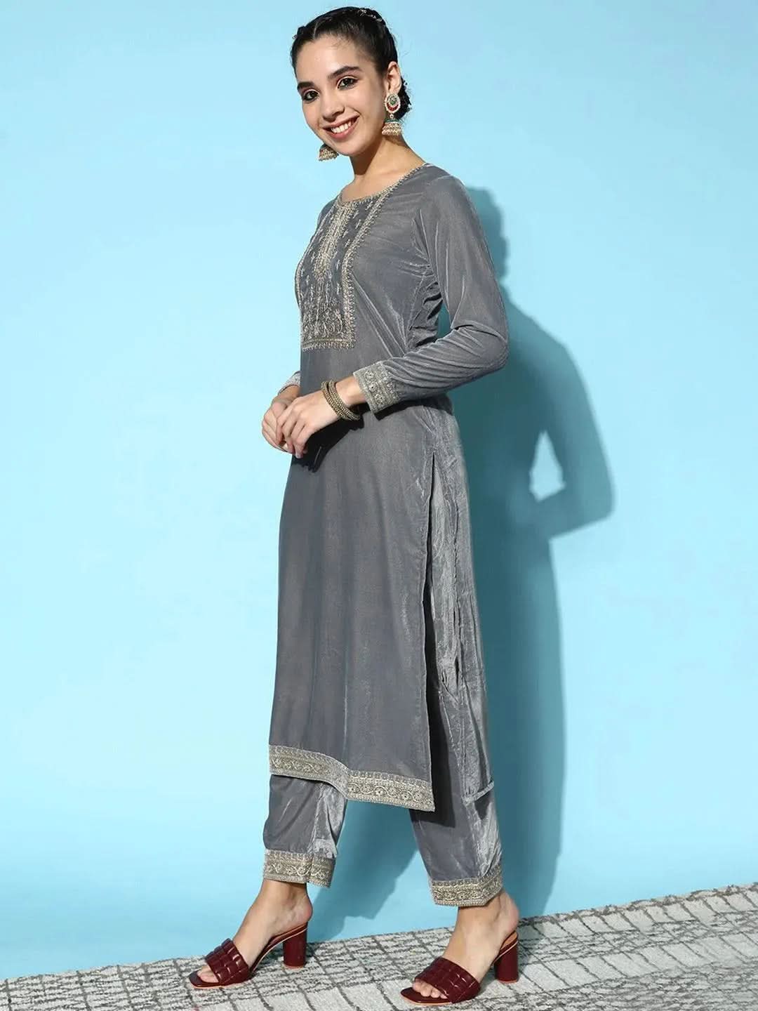 Grey Yoke Design Velvet Straight Suit Set - Libas