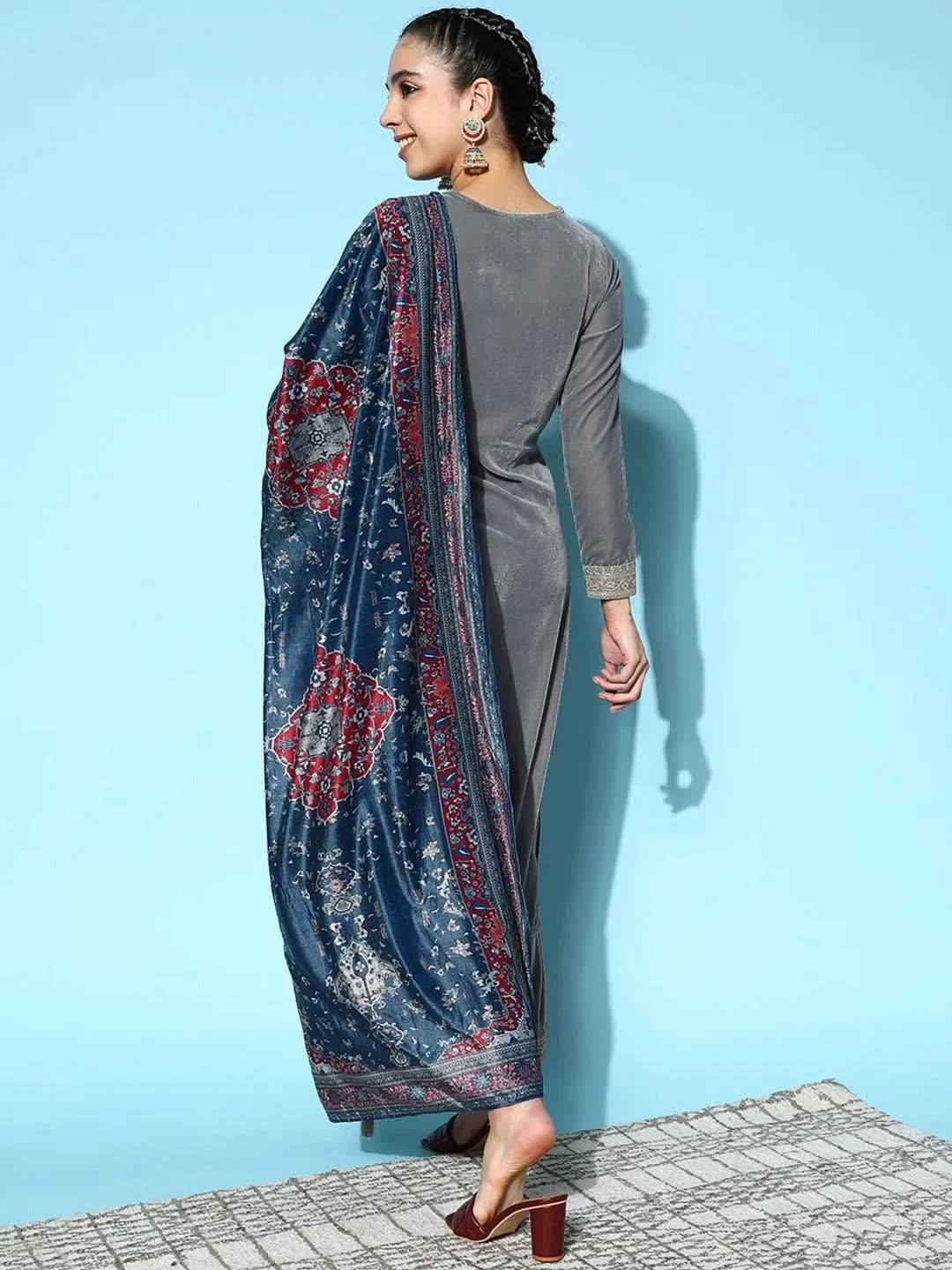 Grey Yoke Design Velvet Straight Kurta With Trousers & Dupatta
Grey Yoke Design Velvet Straight Kurta With Trousers & Dupatta