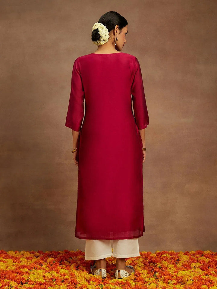 Hot Pink Embroidered Chanderi Silk Straight Kurta - Libas