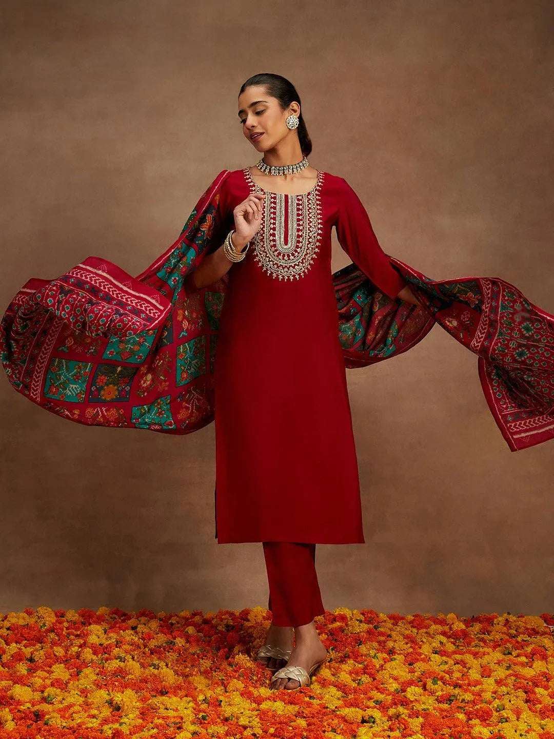 Hot Pink Yoke Design Silk Blend Straight Kurta With Trousers & Dupatta Online at Rs.1519 | Libas