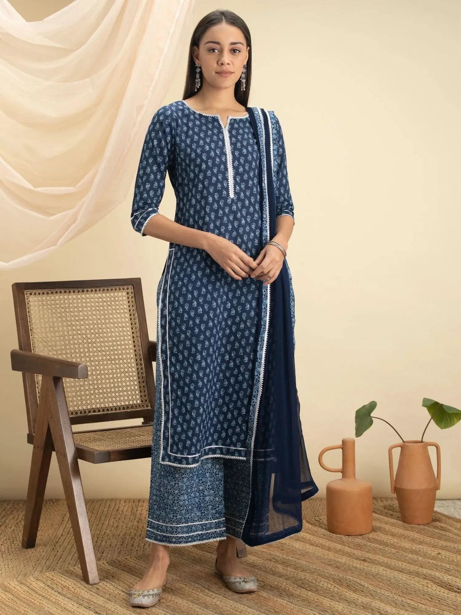 Indigo Printed Cotton Straight Kurta With Palazzos & Dupatta
Indigo Printed Cotton Straight Kurta With Palazzos & Dupatta