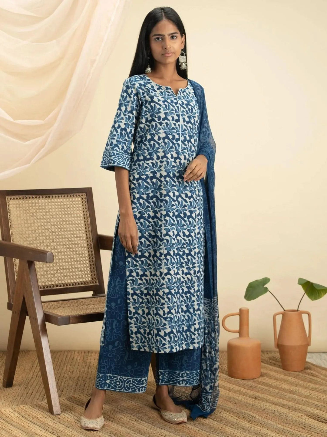 Indigo Printed Cotton Suit Set - Libas