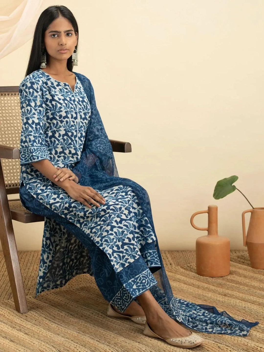 Indigo Printed Cotton Suit Set - Libas