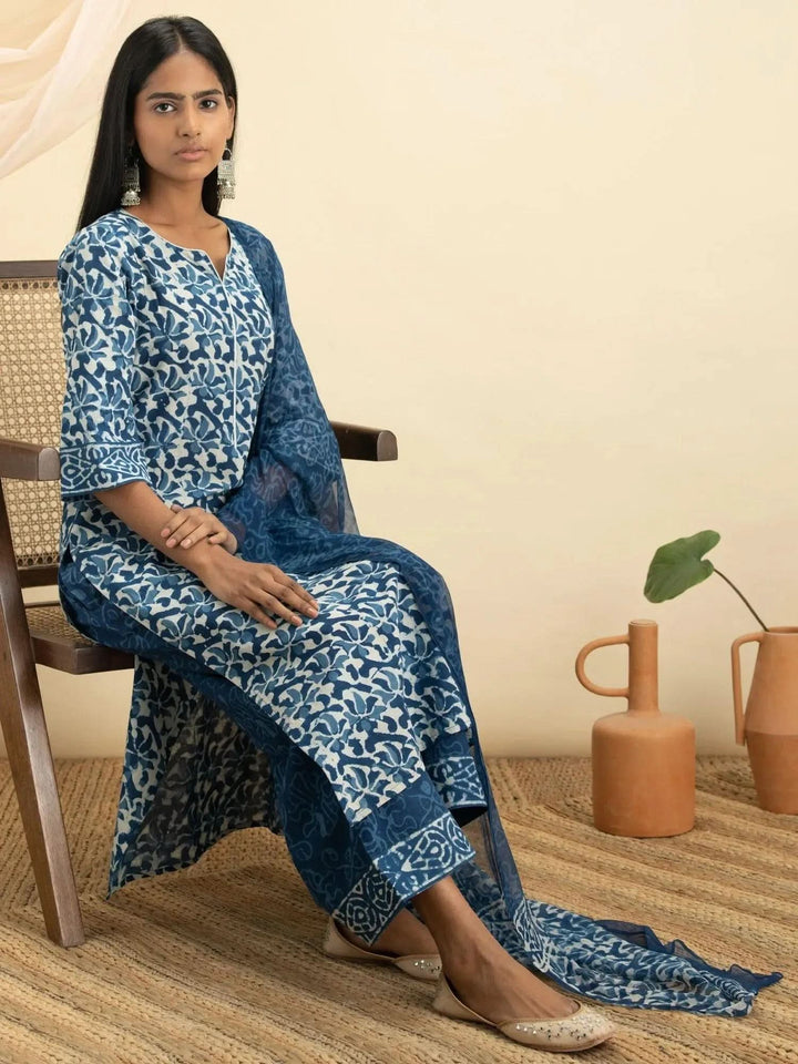Indigo Printed Cotton Suit Set - Libas