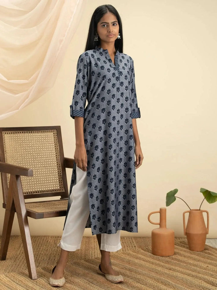 Indigo Printed Rayon Kurta - Libas