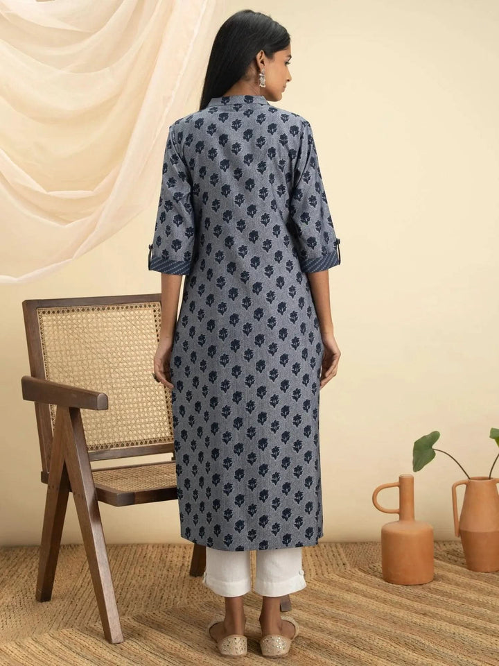 Indigo Printed Rayon Kurta - Libas