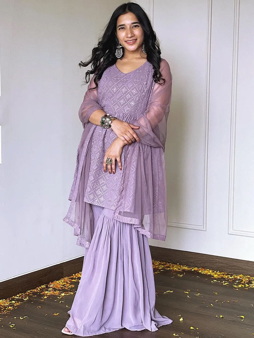 Buy Lavender Embroidered Georgette A-Line Sharara Suit Set With