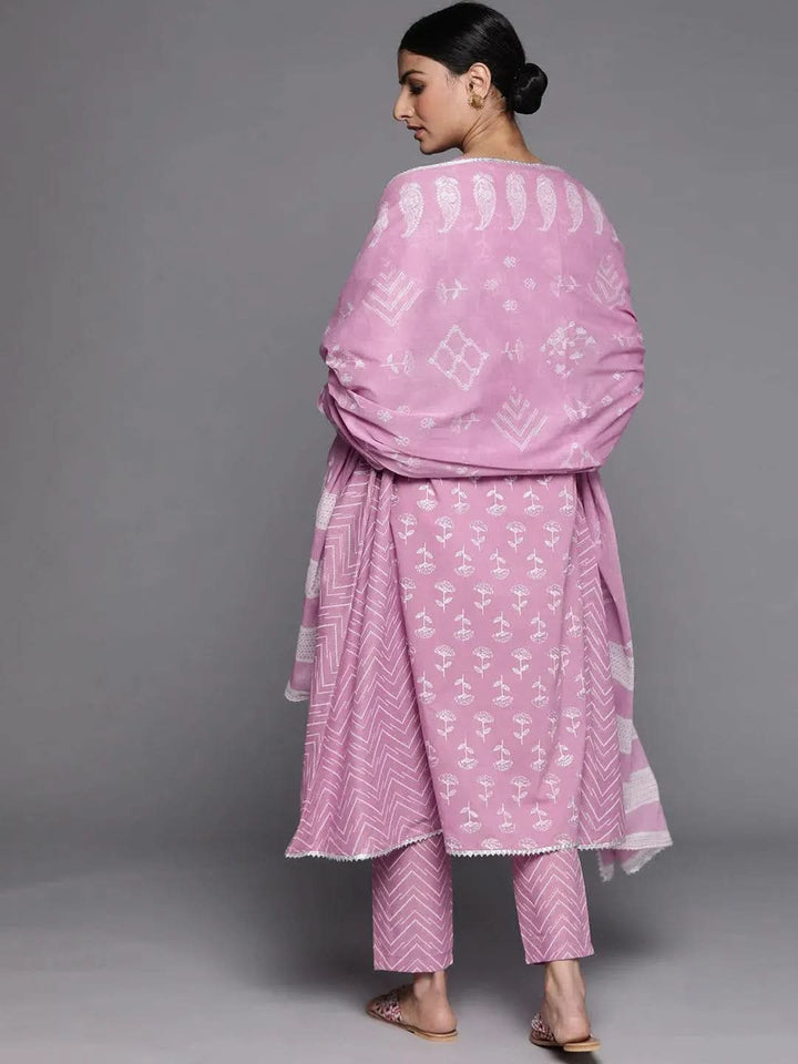 Lavender Printed Cotton Suit Set - Libas