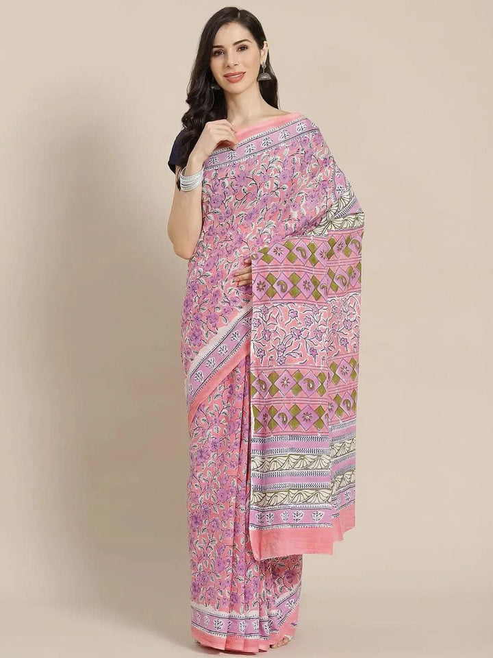 Lavender Printed Cotton Saree - Libas
