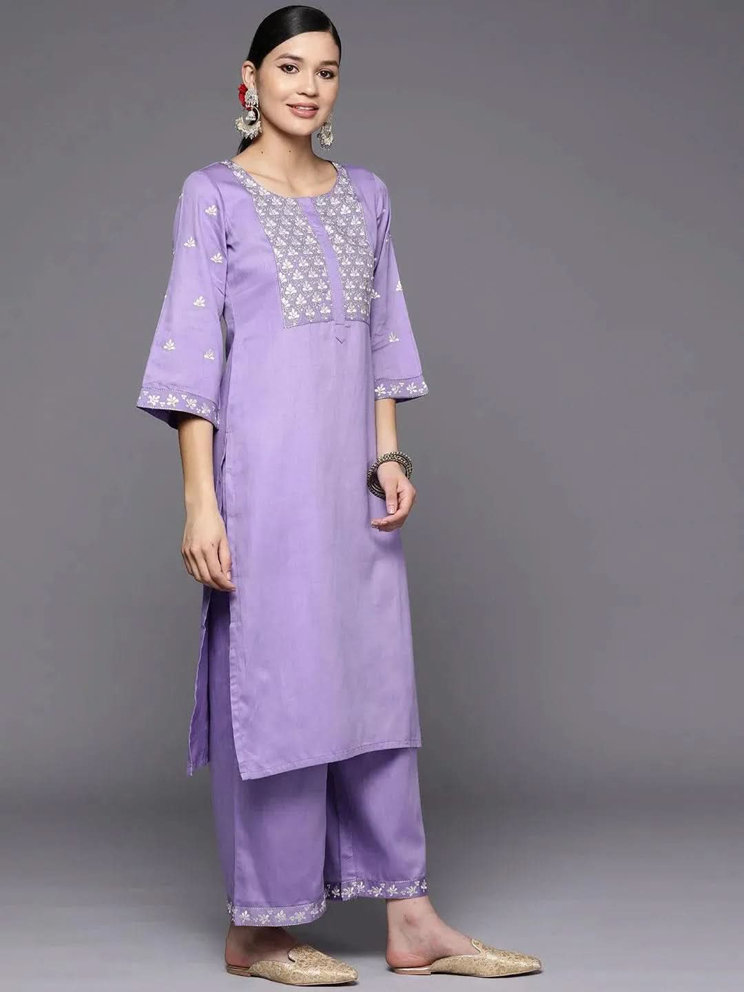 Lavender Yoke Design Silk Blend Straight Kurta With Palazzos & Dupatta - Libas