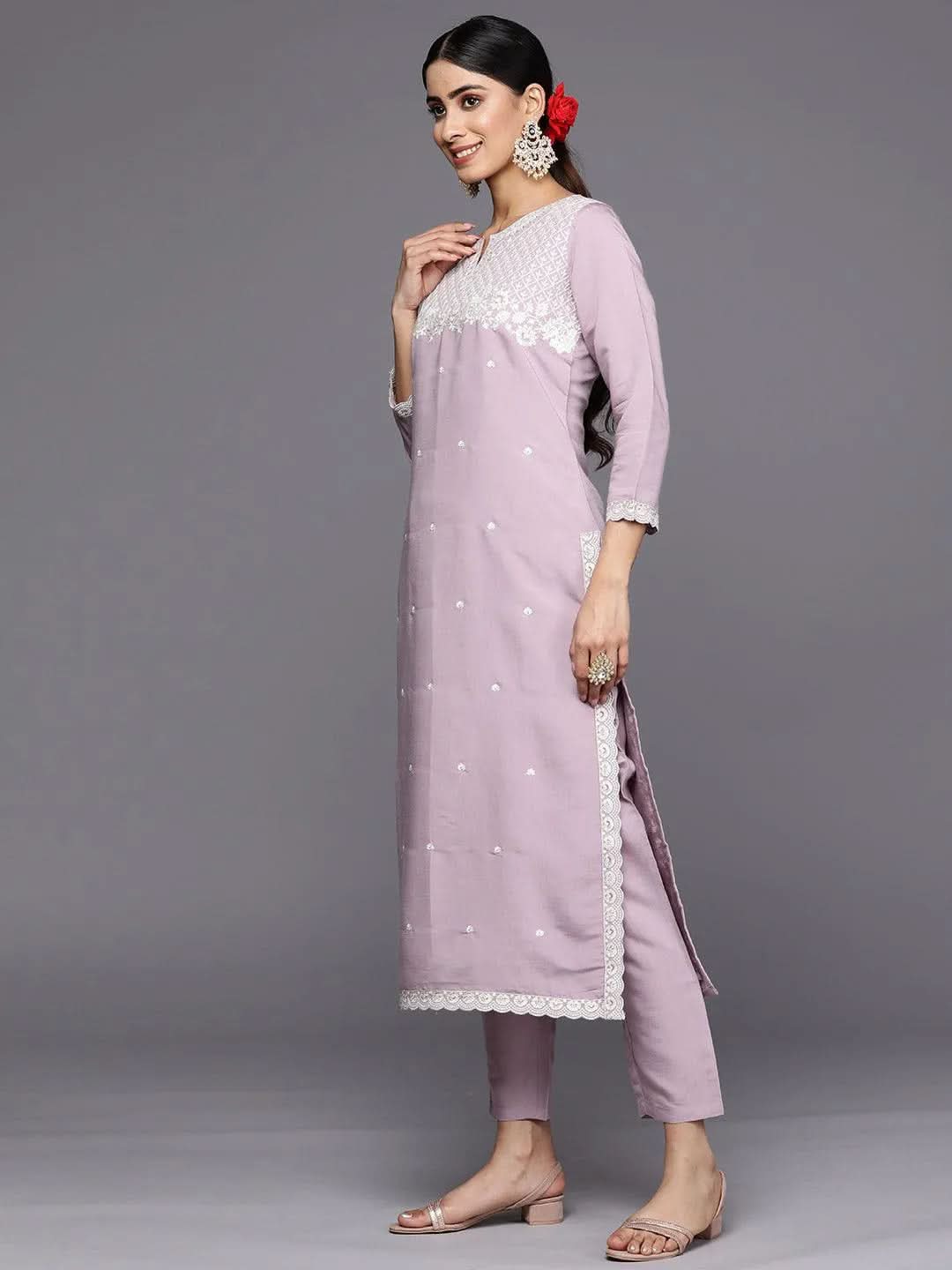 Lavender Yoke Design Silk Blend Straight Suit Set With Trousers - Libas