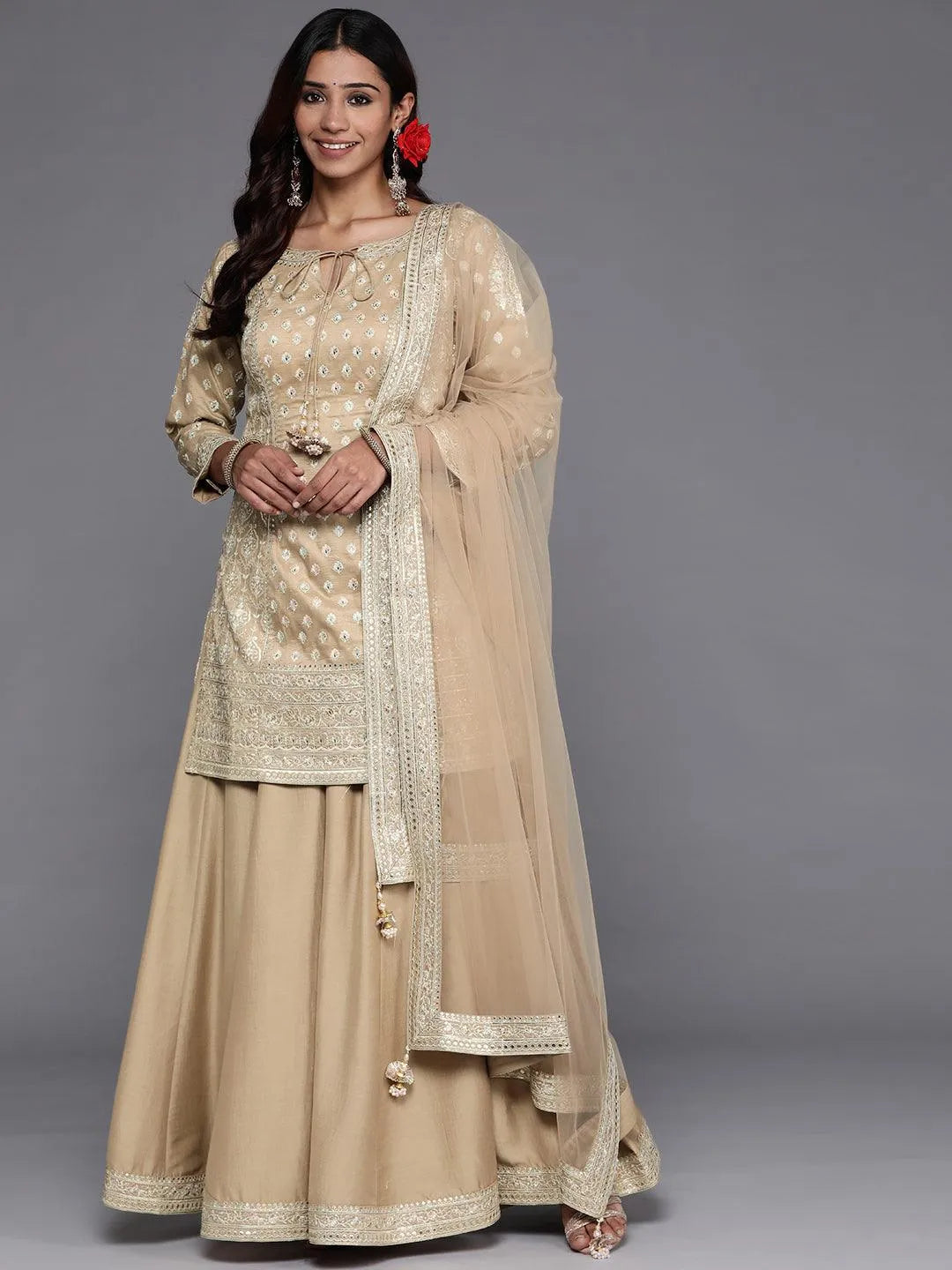 Libas Art Beige Embroidered Silk Straight Suit Set - Libas