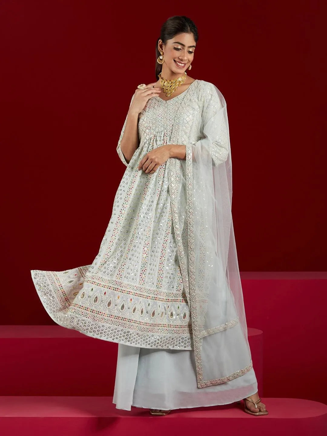 Buy Libas Art Blue Embroidered Georgette A-Line Kurta With