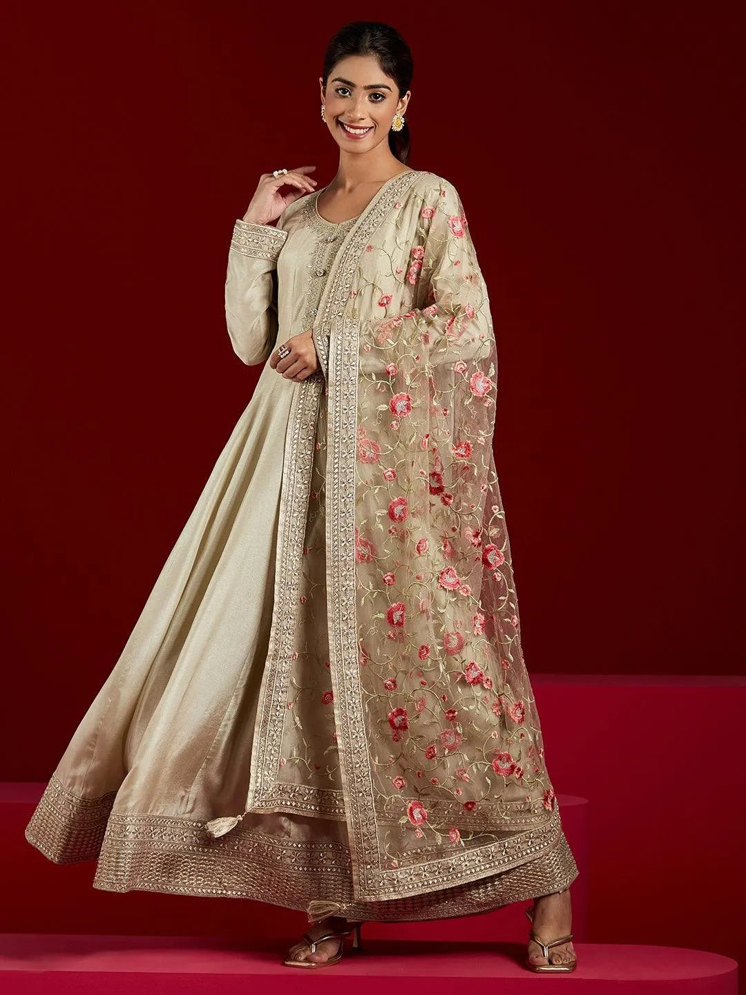 slim fit dress slacks Lace Blossom Gold Anarkali Set main image 1