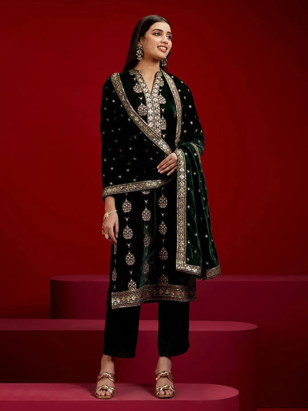Libas Art Green Embroidered Velvet Straight Kurta With Trousers & Dupatta - Libas