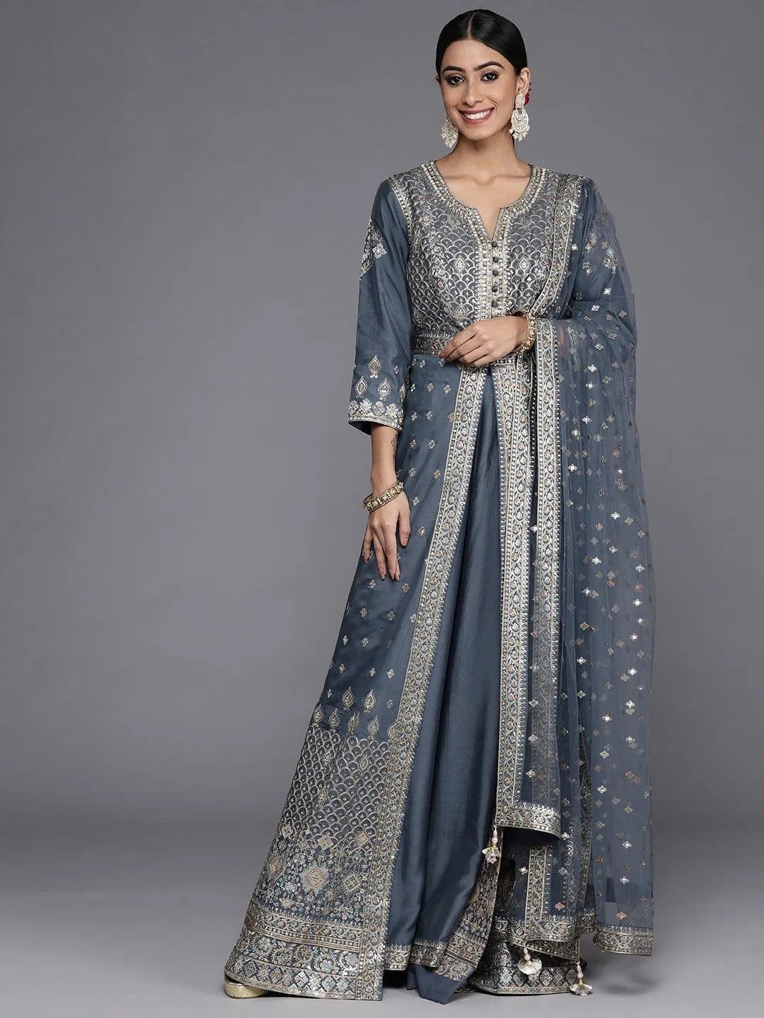 Lilac Vichitra Silk Embroidered Cape Anarkali Suit Set main image 0