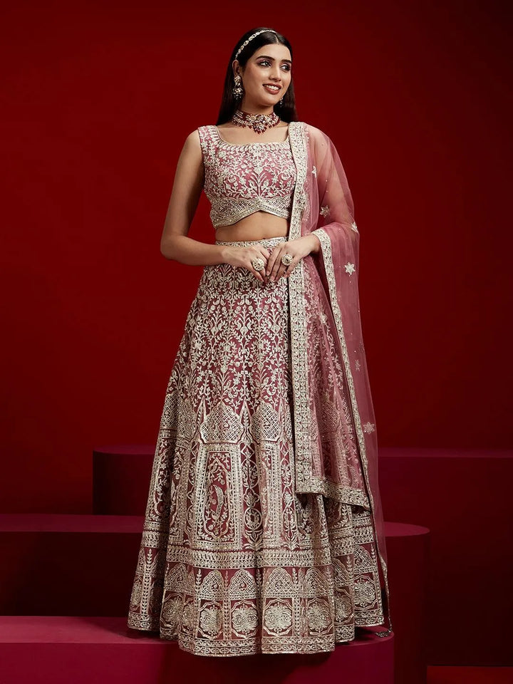 Libas Art Mauve Embroidered Net Lehenga Set - Libas