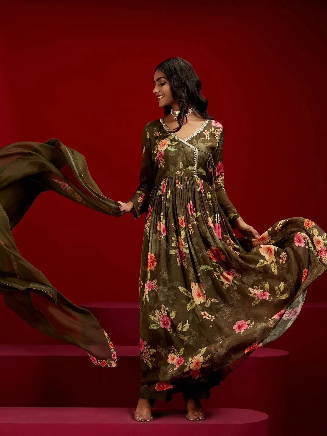 Libas Art Olive Printed Silk Chiffon Anarkali Kurta With Trousers & Dupatta - Libas